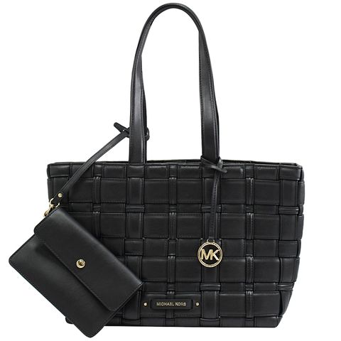 Michael Kors IVY 金屬LOGO編織皮革肩背托特包.黑