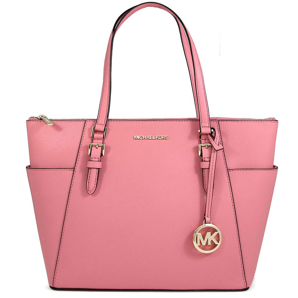 Michael Kors  CHARLOTTE 金字LOGO茶花粉色防刮皮革托特肩背包