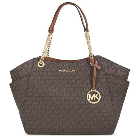 Michael Kors JET SET TRAVEL 金字LOGO咖啡X駝色滿版MK雙側口袋托特肩背包