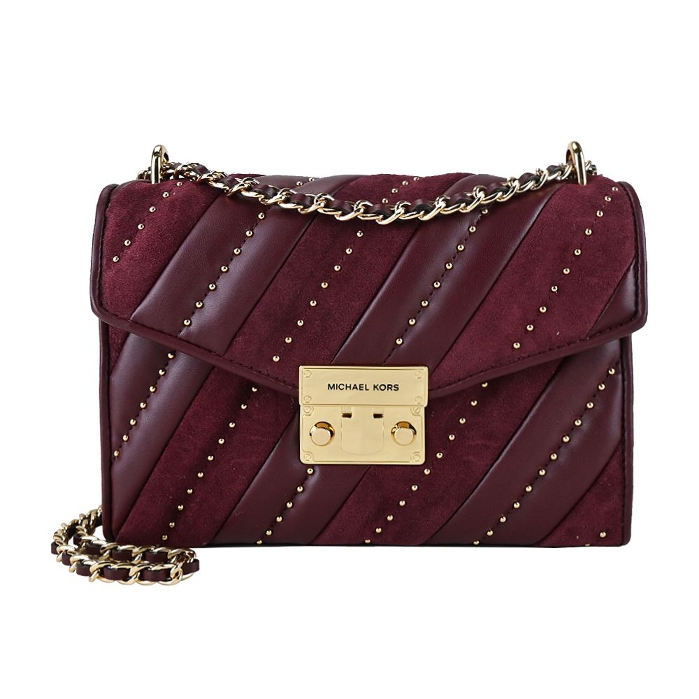 Michael Kors  MK小香風拼接絨布鉚釘兩用包-中/酒紅