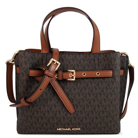 MICHAEL KORS EMILIA 金字LOGO咖啡棕色皮革環扣配飾兩用包(小)