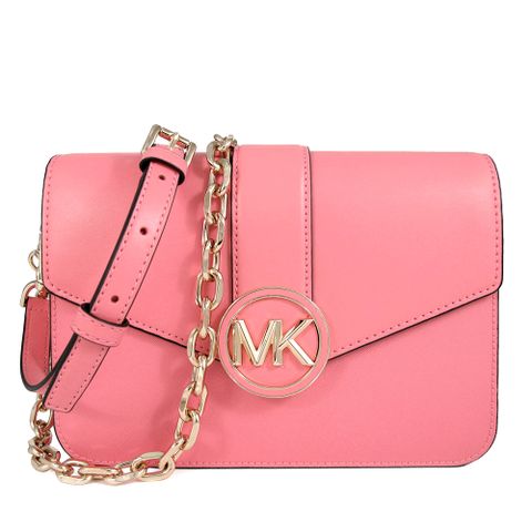 MICHAEL KORS CARMEN 金色大圓標葡萄柚色掀蓋斜肩兩用包