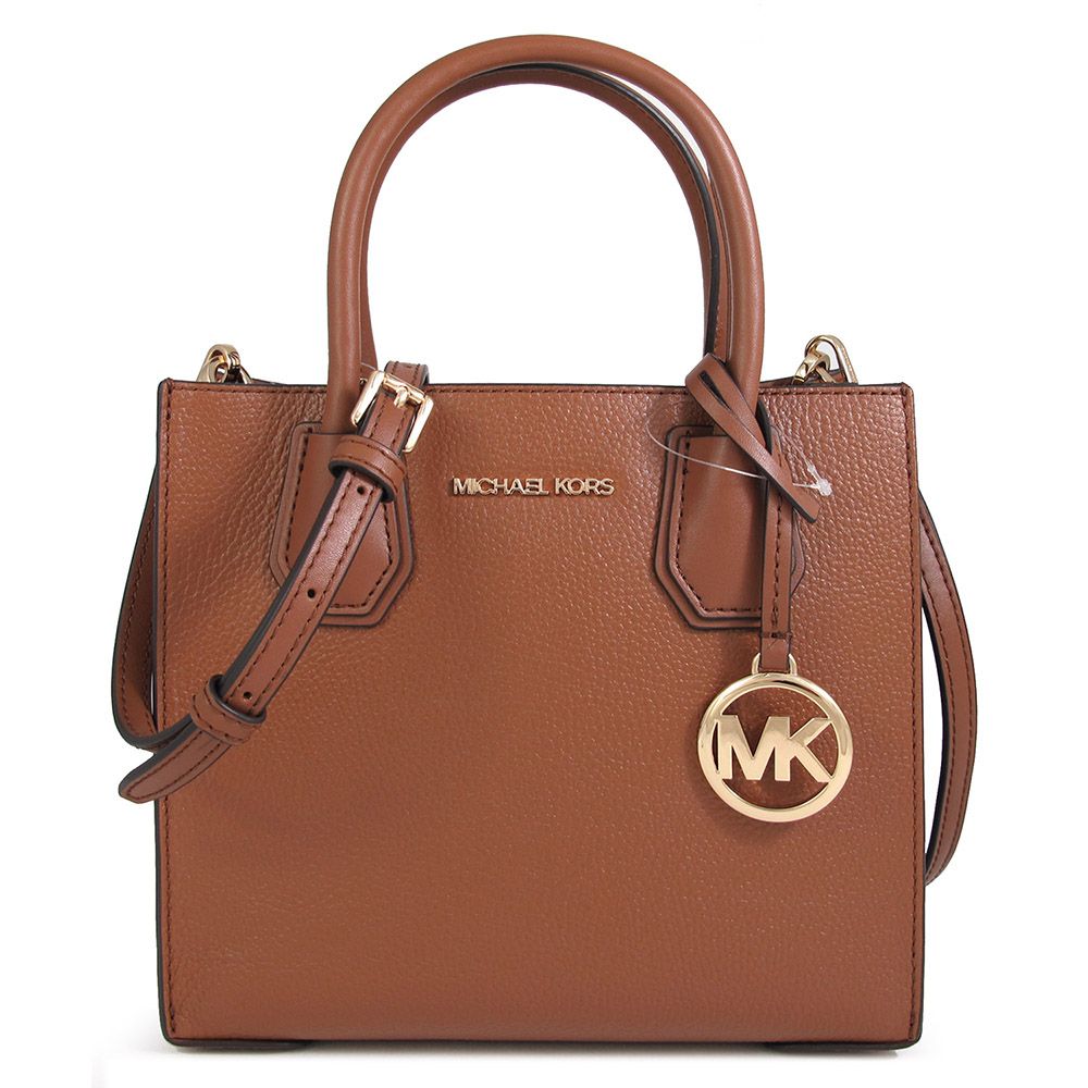 Michael Kors  MERCER 金色Logo馬鞍棕色鵝卵石紋皮革三層兩用包(中)