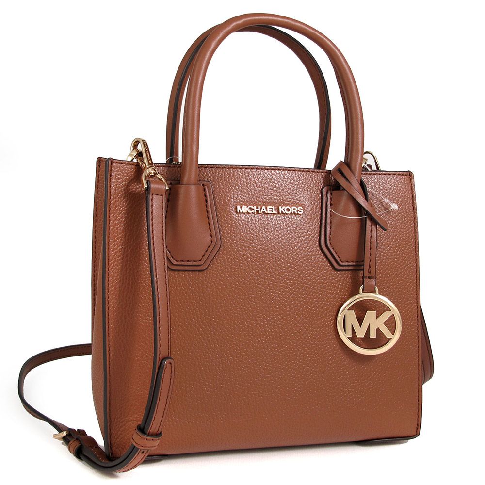 Michael Kors  MERCER 金色Logo馬鞍棕色鵝卵石紋皮革三層兩用包(中)