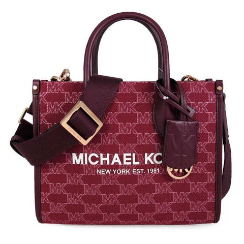 Michael Kors MIRELLA 桑葚紫色亮絲緹花牛皮滾邊兩用包(小)