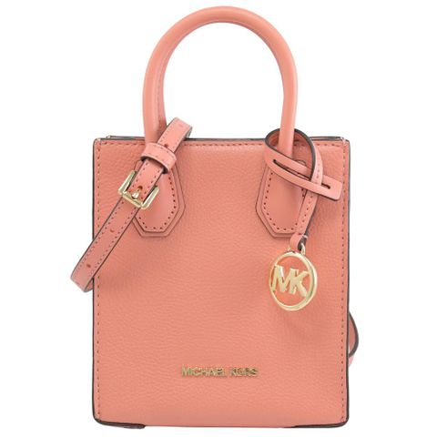 Michael Kors MERCER 素面荔枝紋迷你手提兩用包.粉橘