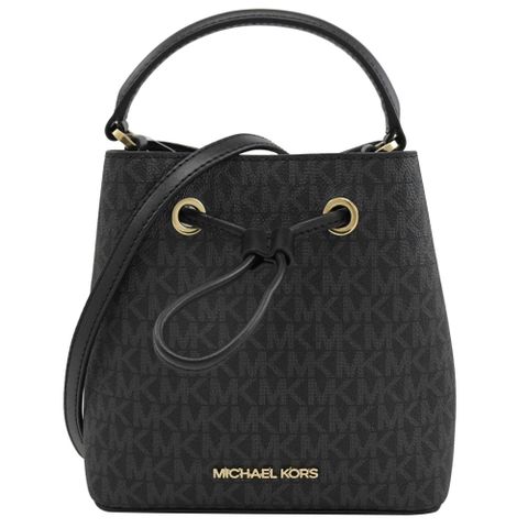 MICHAEL KORS SURI 迷你滿版字母拼接兩用水桶包.黑灰