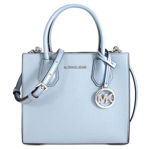 Michael Kors MERCER 銀色Logo霧霾藍色鵝卵石紋皮革三層兩用包