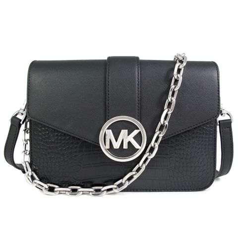MICHAEL KORS CARMEN 銀字大圓標黑色動物紋X防刮掀蓋斜肩兩用包