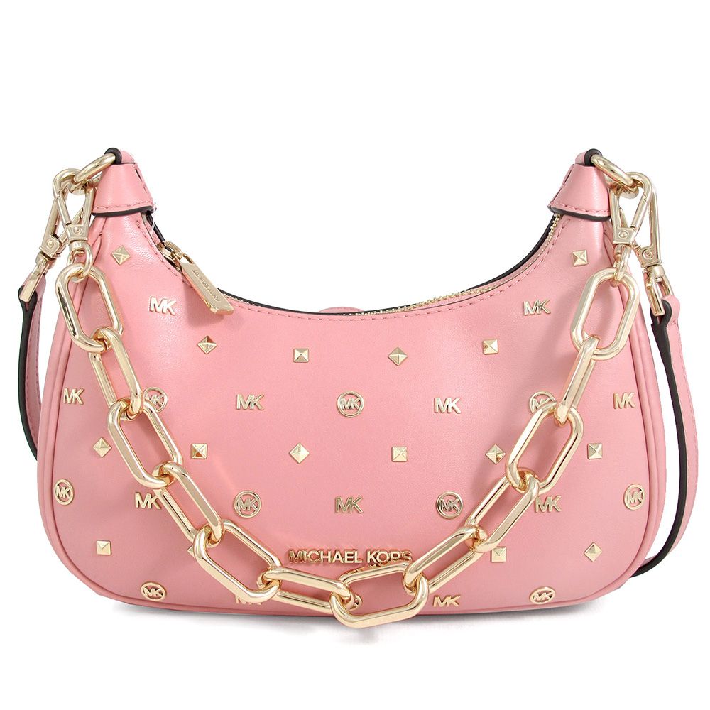 Michael Kors  CORA 金字鉚釘Logo櫻花草粉色牛角金鏈兩用包(中款)