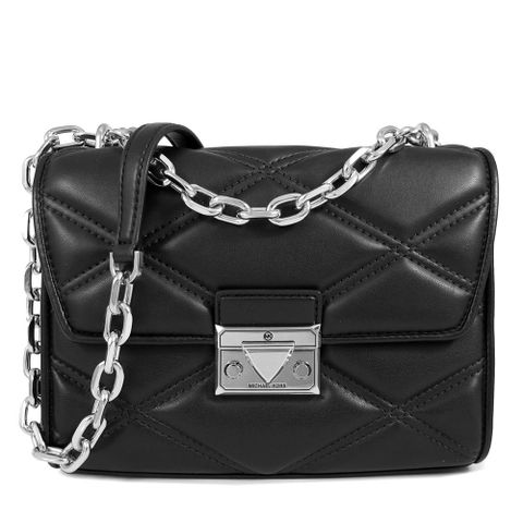 MICHAEL KORS SERENA 銀鎖頭黑色绗縫菱格紋滑鏈掀蓋兩用包(中款)