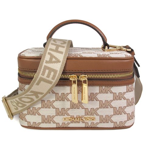 Michael Kors JET SET ITEM 金字馬鞍棕色緹花滿版Logo化妝盒兩用寬帶手提斜背包