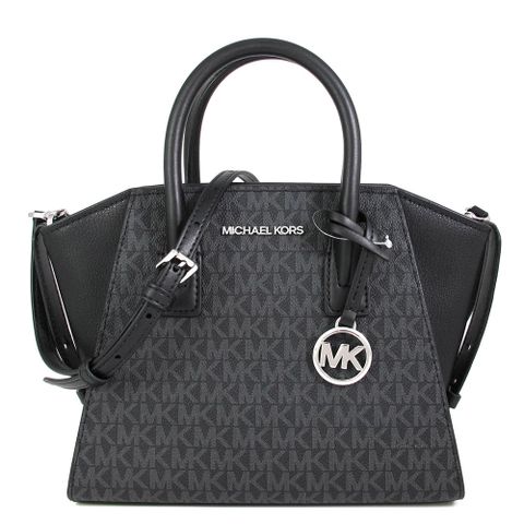 MICHAEL KORS AVRIL 銀字大圓標LOGO黑色滿版拼接皮革水餃兩用包