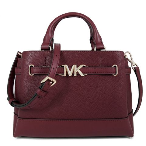 Michael Kors REED 金字MK腰帶配飾深櫻桃紅色鵝卵石紋皮革三層兩用斜背包