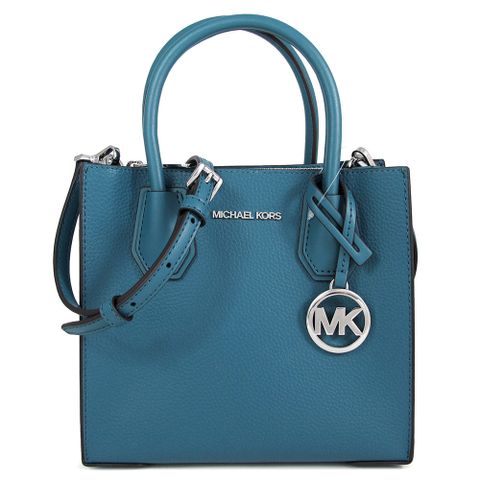 Michael Kors MERCER 銀色Logo藍綠色鵝卵石紋皮革三層兩用包