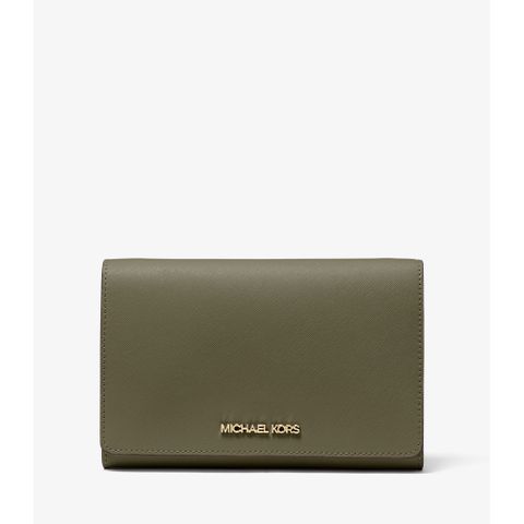 【MICHAEL KORS】金屬LOGO多功能防刮皮革釦式可拆手拿斜背包 WOC(橄欖綠)