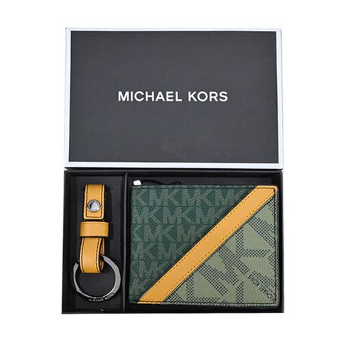 MICHAEL KORS MK男款滿版斜槓短夾鑰匙圈禮盒組-綠