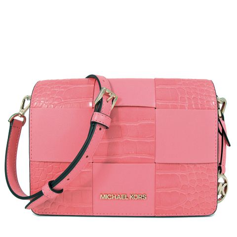 MICHAEL KORS MERCER 金字LOGO粉橘葡萄柚色編織皮革掀蓋斜背包
