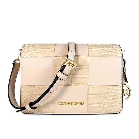 MICHAEL KORS MERCER 金字LOGO淺駝色編織皮革掀蓋斜背包
