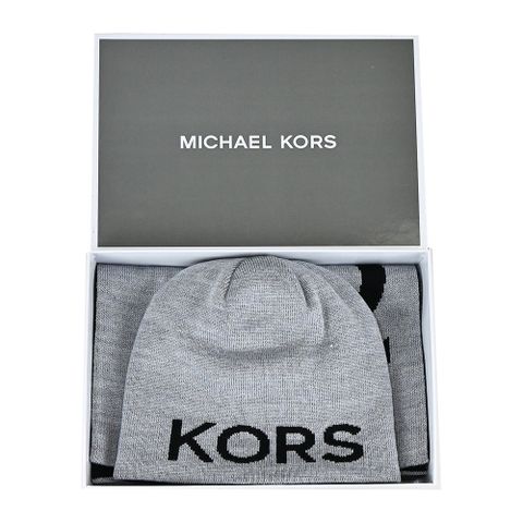 Michael Kors MK簡寫LOGO配色針織毛帽/圍巾禮盒-灰