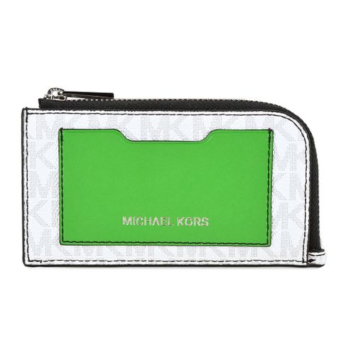 MICHAEL KORS MK滿版銀字卡片零錢包-銀白/綠