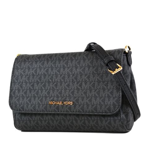 MICHAEL KORS 緹花LOGO防刮皮革磁吸翻蓋斜背包-金字黑