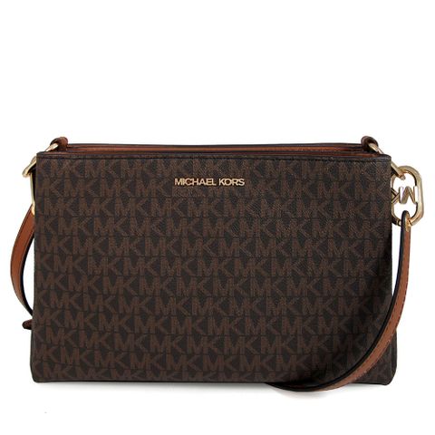 MICHAEL KORS TRISHA 金字Logo滿版MK咖啡X馬鞍棕色防刮三層斜背包