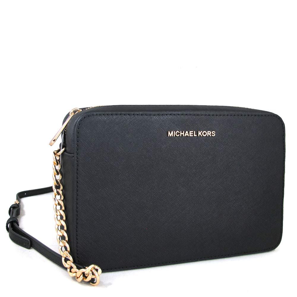 Michael Kors  JET SET ITEM 金字LOGO黑色十字紋皮革鏈帶斜背方包