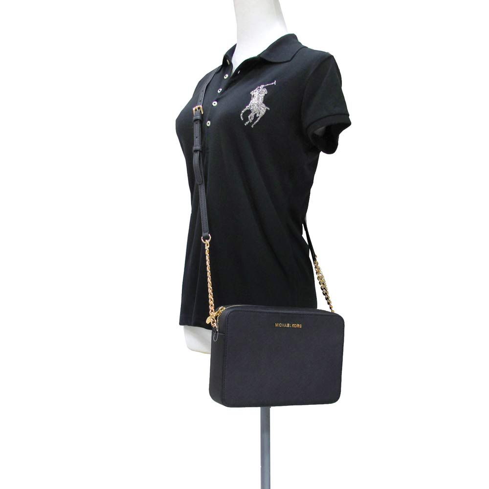 Michael Kors  JET SET ITEM 金字LOGO黑色十字紋皮革鏈帶斜背方包