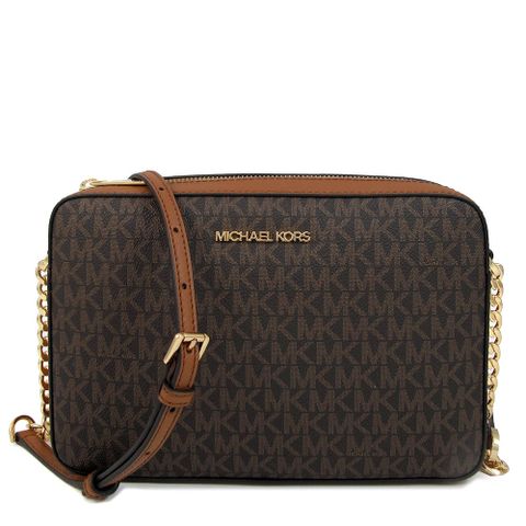 MICHAEL KORS JET SET ITEM 金字LOGO咖啡色滿版MK鏈帶斜背方包