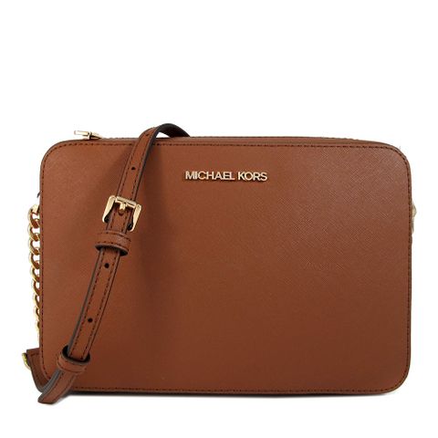 MICHAEL KORS JET SET ITEM 金字LOGO馬鞍棕色十字紋皮革鏈帶斜背方包