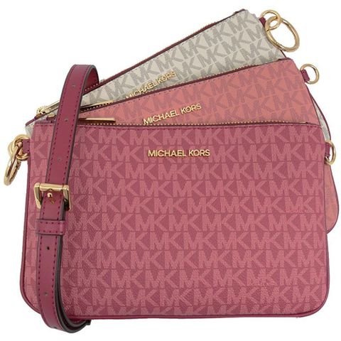 MICHAEL KORS JET SET ITEM 印花三合一拉鍊斜背包.莓紅