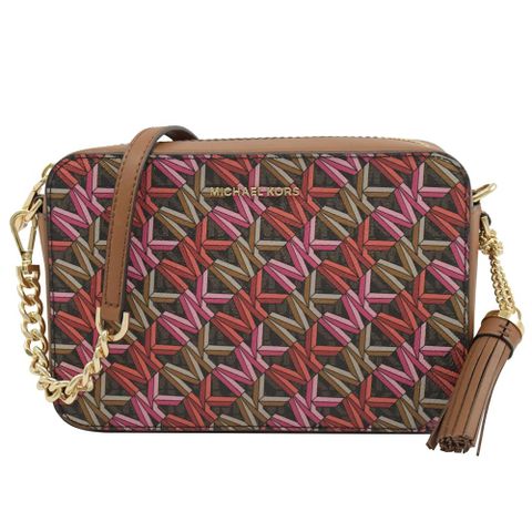 MICHAEL KORS JET SET MK幾何造型印花斜背方包.咖