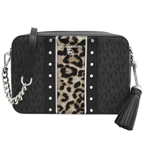 MICHAEL KORS Jet Set Charm 豹紋印花鉚釘斜背方包.黑/灰