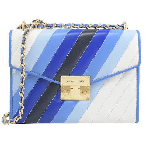 【全新福利品】MICHAEL KORS Rose 斜格紋小香風壓扣翻蓋鍊包.藍白