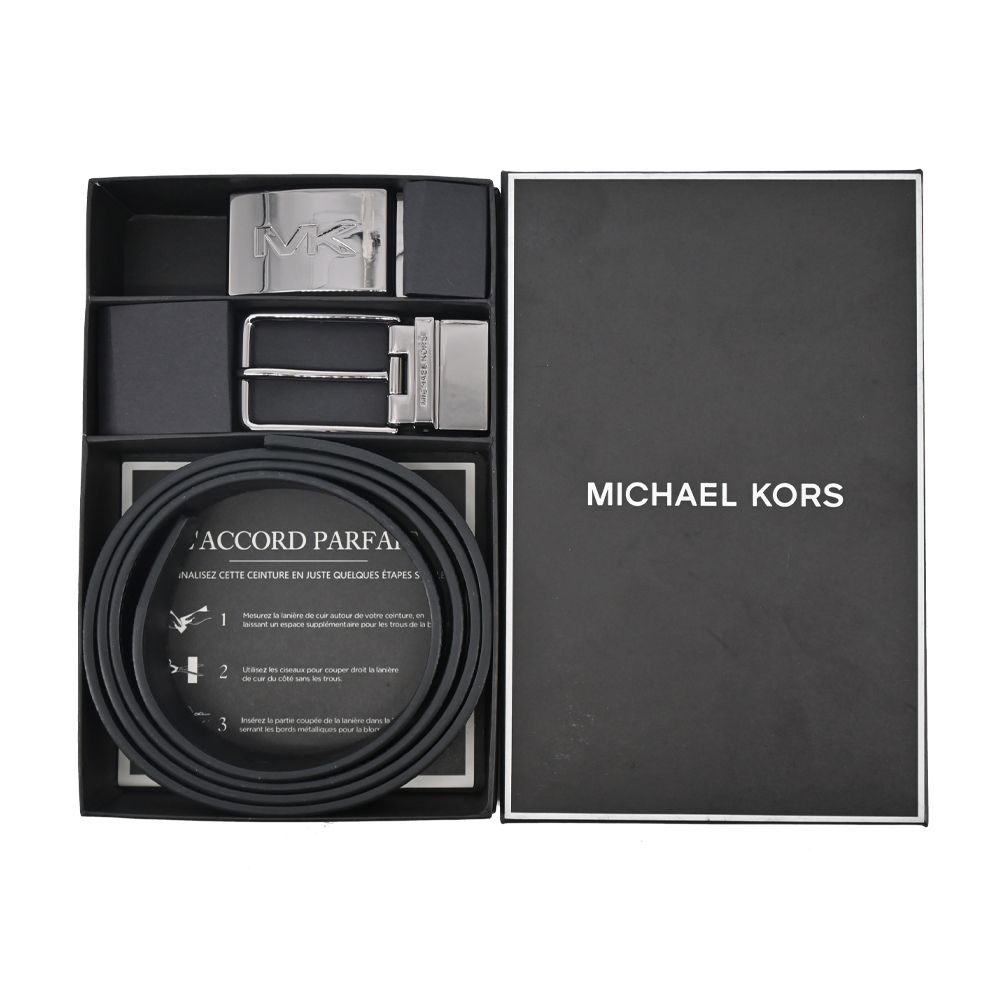  MICHAEL KORS 大LOGO滿版方牌/針扣雙頭雙面用皮帶禮盒組-深藍