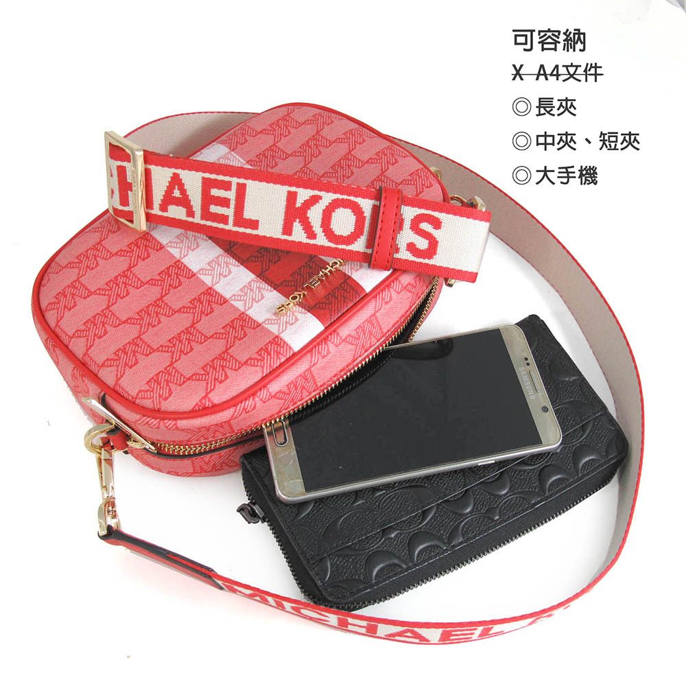 Michael Kors  JET SET TRAVEL 金字Logo防刮滿版MK西班牙紅色寬帶橢圓相機斜背包