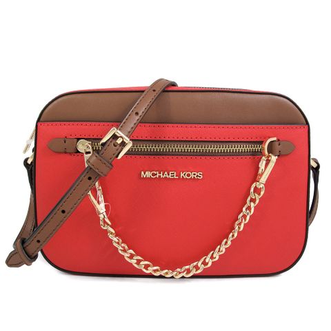 Michael Kors JET SET ITEM 金字Logo西班牙紅色防刮X駝色皮革金鏈斜背包