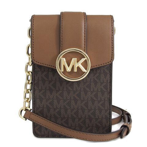 Michael Kors CARMEN 金字大圓標咖啡X馬鞍棕色滿版掀蓋手機斜背包