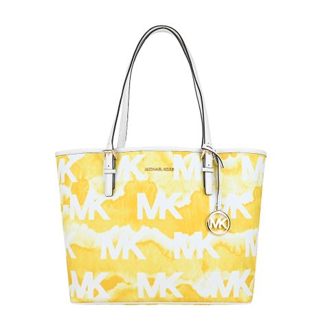 Michael Kors JET SET噴墨滿版LOGO托特包-中/黃