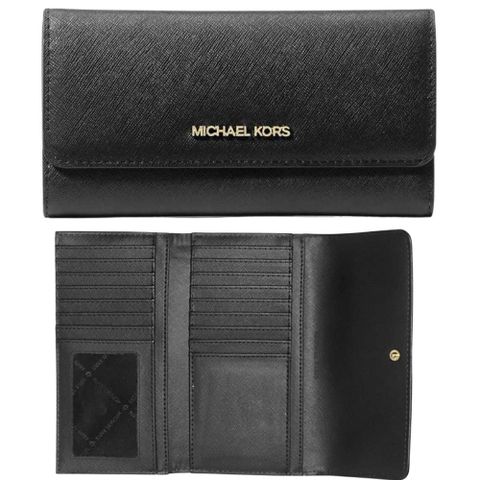 【Michael Kors】JET SET TRAVEL 燙金LOGO釦式後拉鍊三折防刮長夾-氣質黑