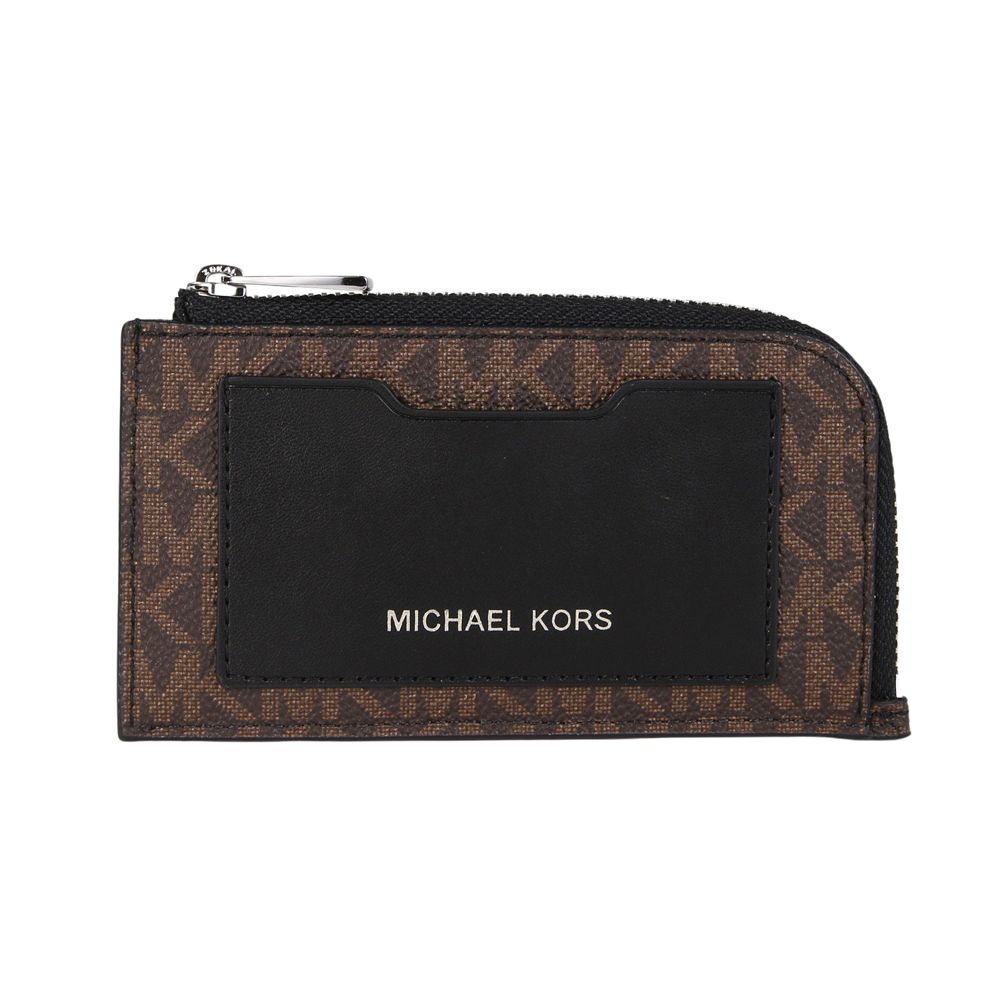 Michael Kors  Gifting 滿版MK拼接皮革L型拉鍊卡夾零錢包(咖啡黑)