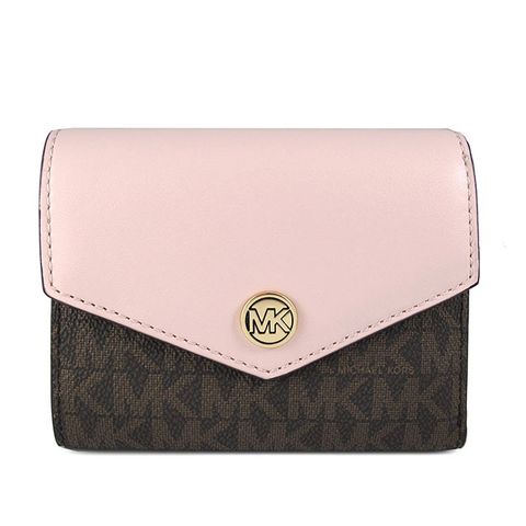 MICHAEL KORS JET SET TRAVEL 金屬圓扣棕X粉色防潑水LOGO三折短夾