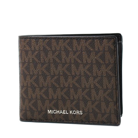 Michael Kors 男款 銀字緹花LOGO防刮皮革零錢袋短夾-咖啡色