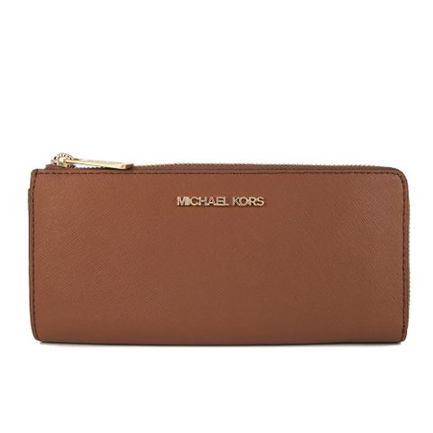 MICHAEL KORS JET SET TRAVEL 金字LOGO防刮皮革馬鞍棕色L型拉鍊長夾