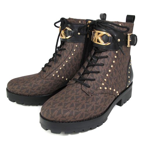 Michael Kors LACE UP 防刮滿版MK金扣配飾咖啡黑色短版馬靴