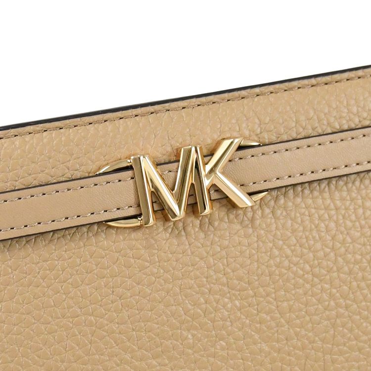 Michael Kors  Reed 金屬LOGO荔枝皮革對開釦式長夾.駝棕