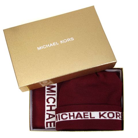 MICHAEL KORS 品牌LOGO白蘭地紅色毛帽/圍巾禮盒組