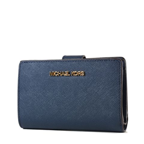 Michael Kors 金字LOGO素面防刮皮革釦式中夾-海軍藍