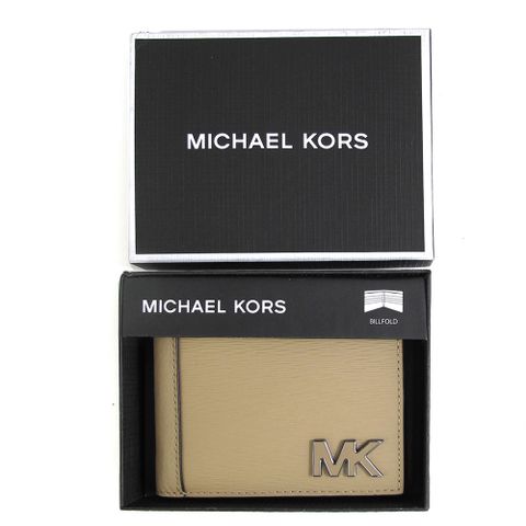 Michael Kors HUDSON 立體LOGO駝色水波紋皮革雙鈔票層對開式短夾禮盒